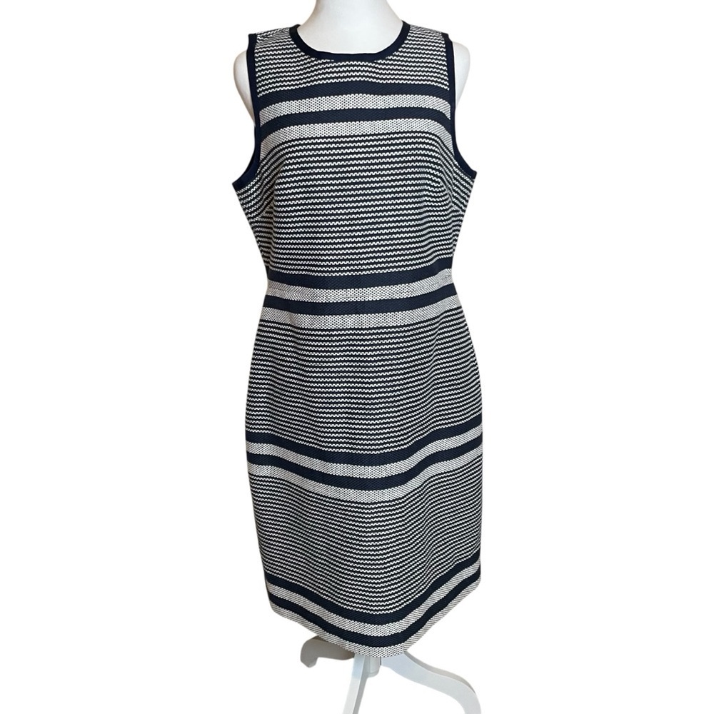 NWOT J Crew Sheath Dress Navy White Stripe Tweed Indigo Size 12 Career Nautical